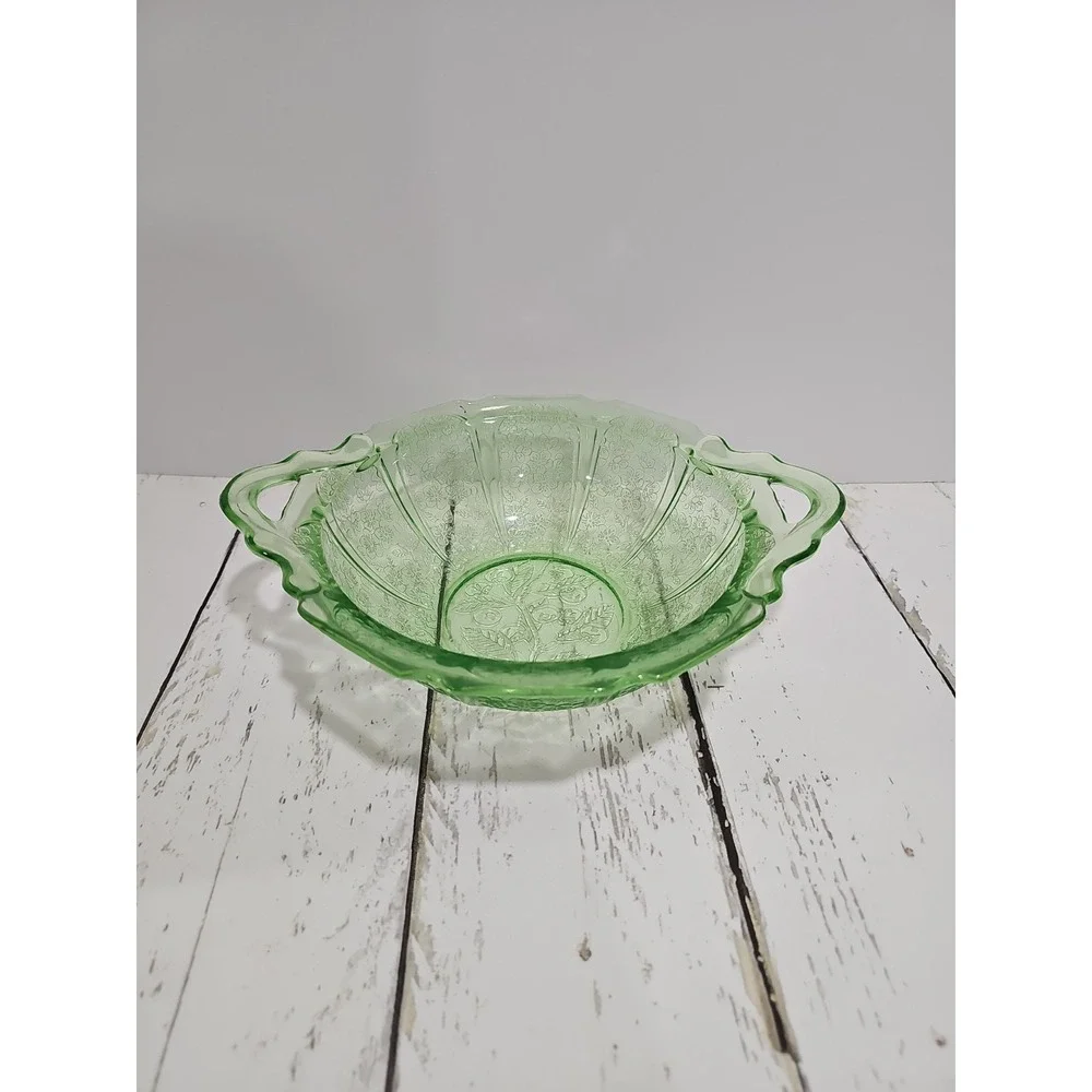 VTG Jeanette Cherry Blossom Green Depression Glass Serving Bowl with handles